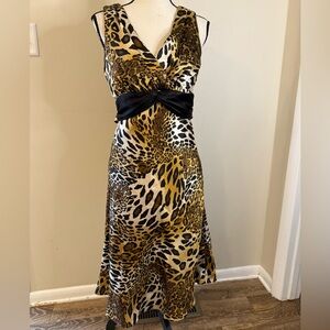 Rabbit Designs leopard print sleeveless midi dress flowing hem back zipper SZ 8